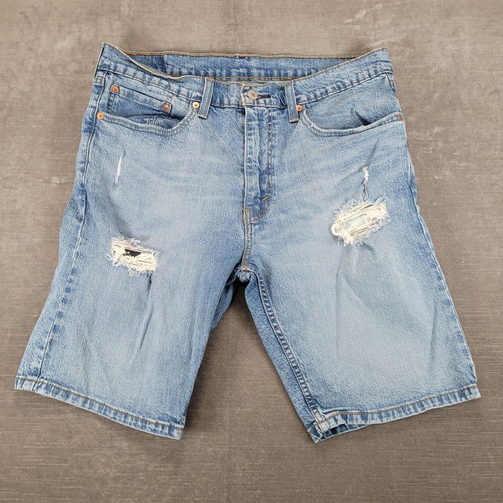 Levis 405 Mens Standard Fit Jean Shorts Light Wash Distressed Blue Denim